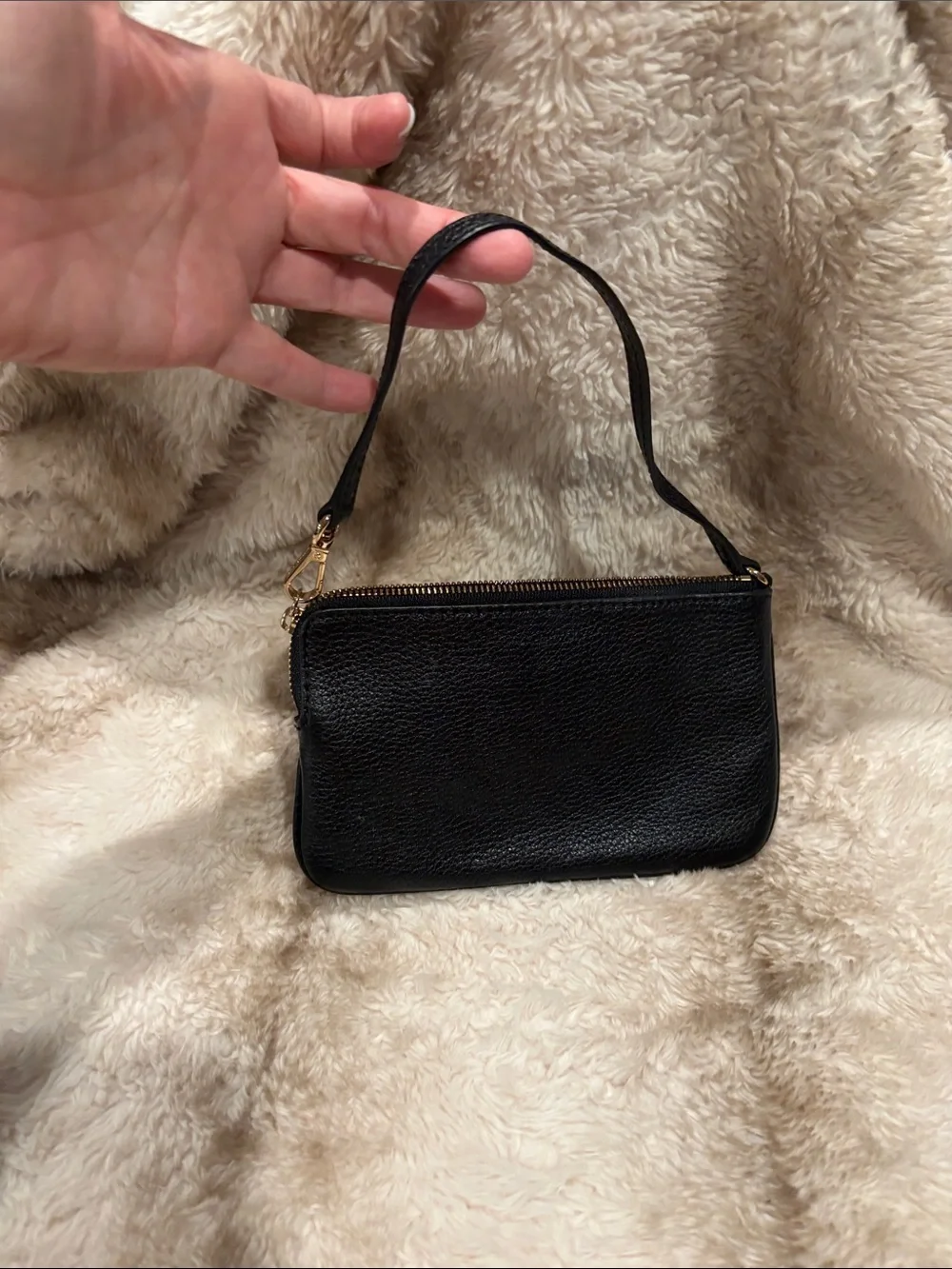 Michael Kors Black Pebbled Leather Wristlet with Gold Plaque